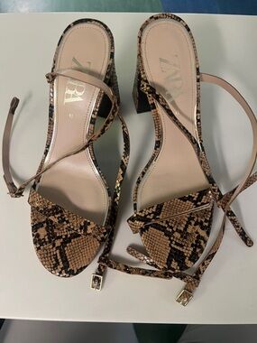 Zara Brown Snake-Print Strappy Block Heels